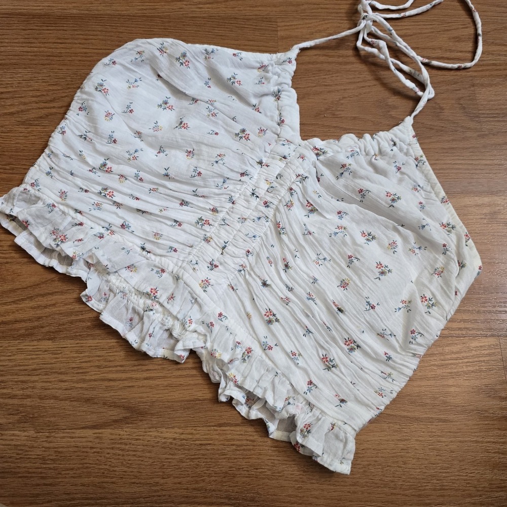 American Eagle White Floral Halter Smock Bralette Y2k Beach Coquette Women's Med